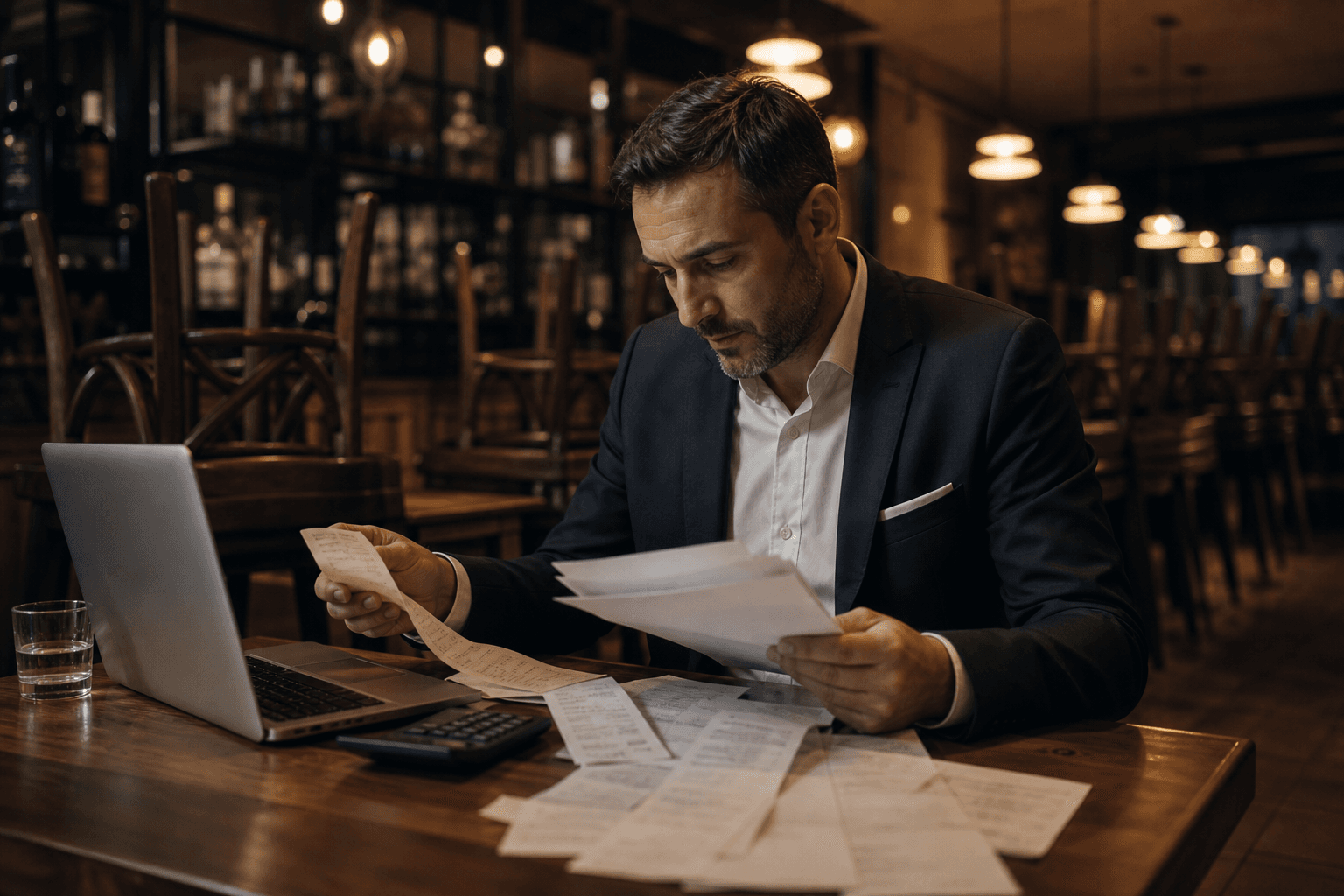 A manager reviewing invoices and receipts at a table in a closed restaurant