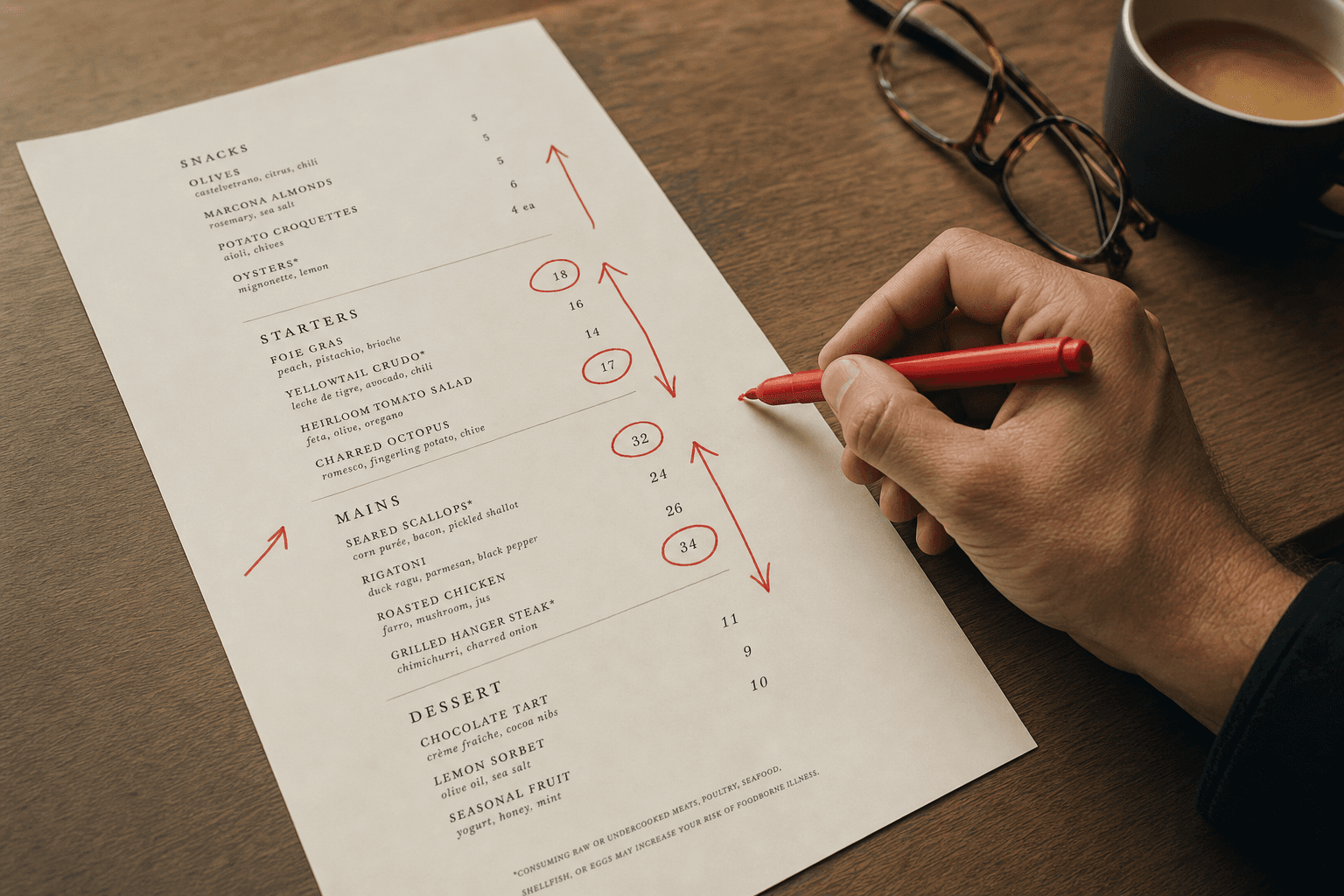 A printed menu marked up in red pen, with prices circled and arrows repositioning items